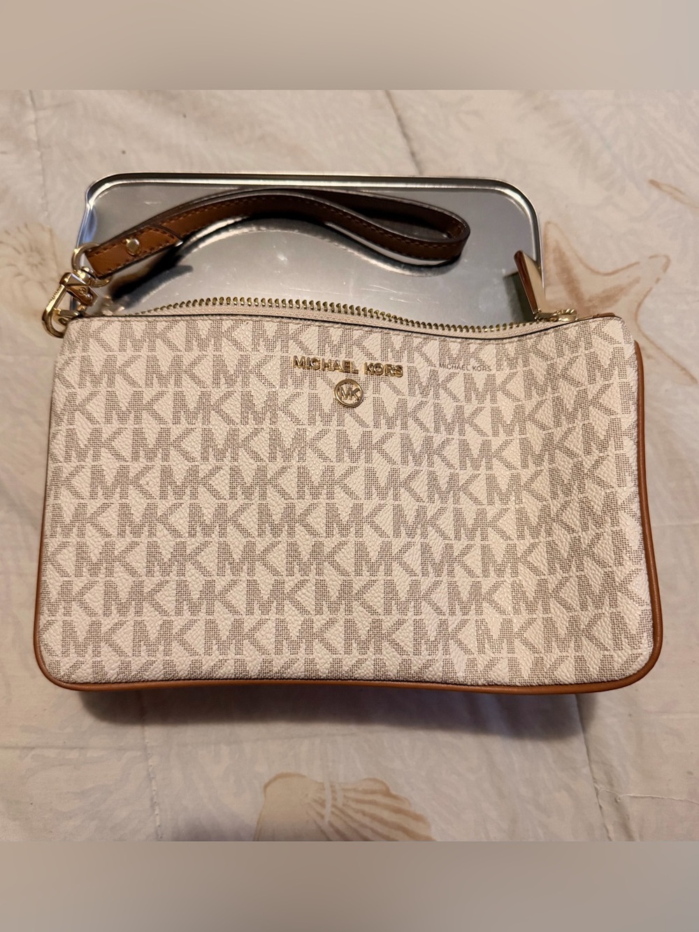Michael Kors Cream/Beige Signature MK Logo Wristlet with Brown Trim